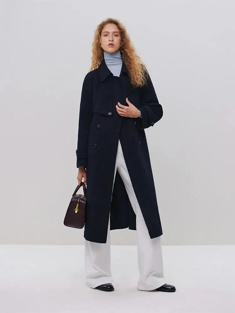 100% Wool Women€™s Long Double-Breasted Coat – Belted, Windbreaker Style with Lapel in Grey and Navy Blue