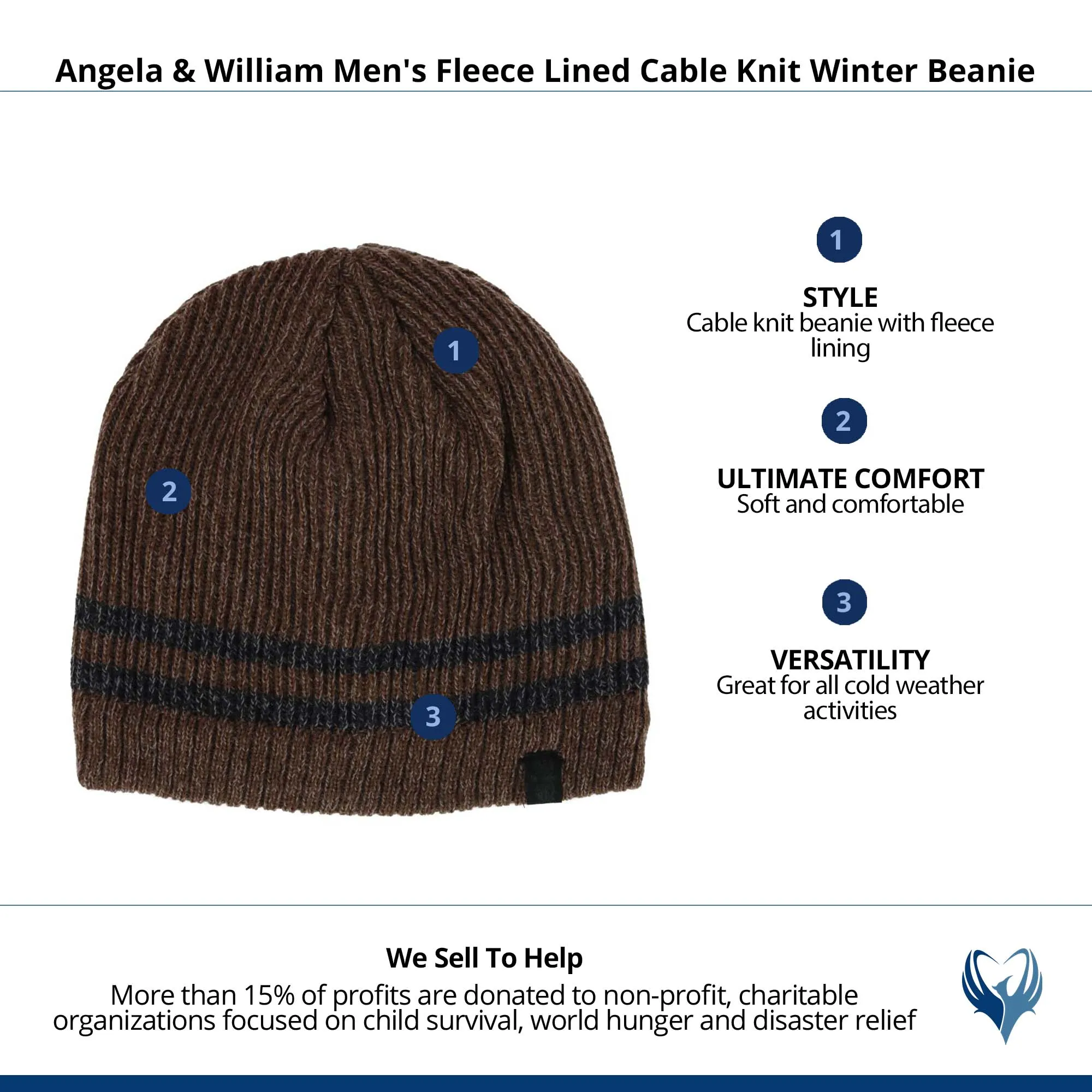 Angela & William Men's Fleece Lined Cable Knit Winter Beanie