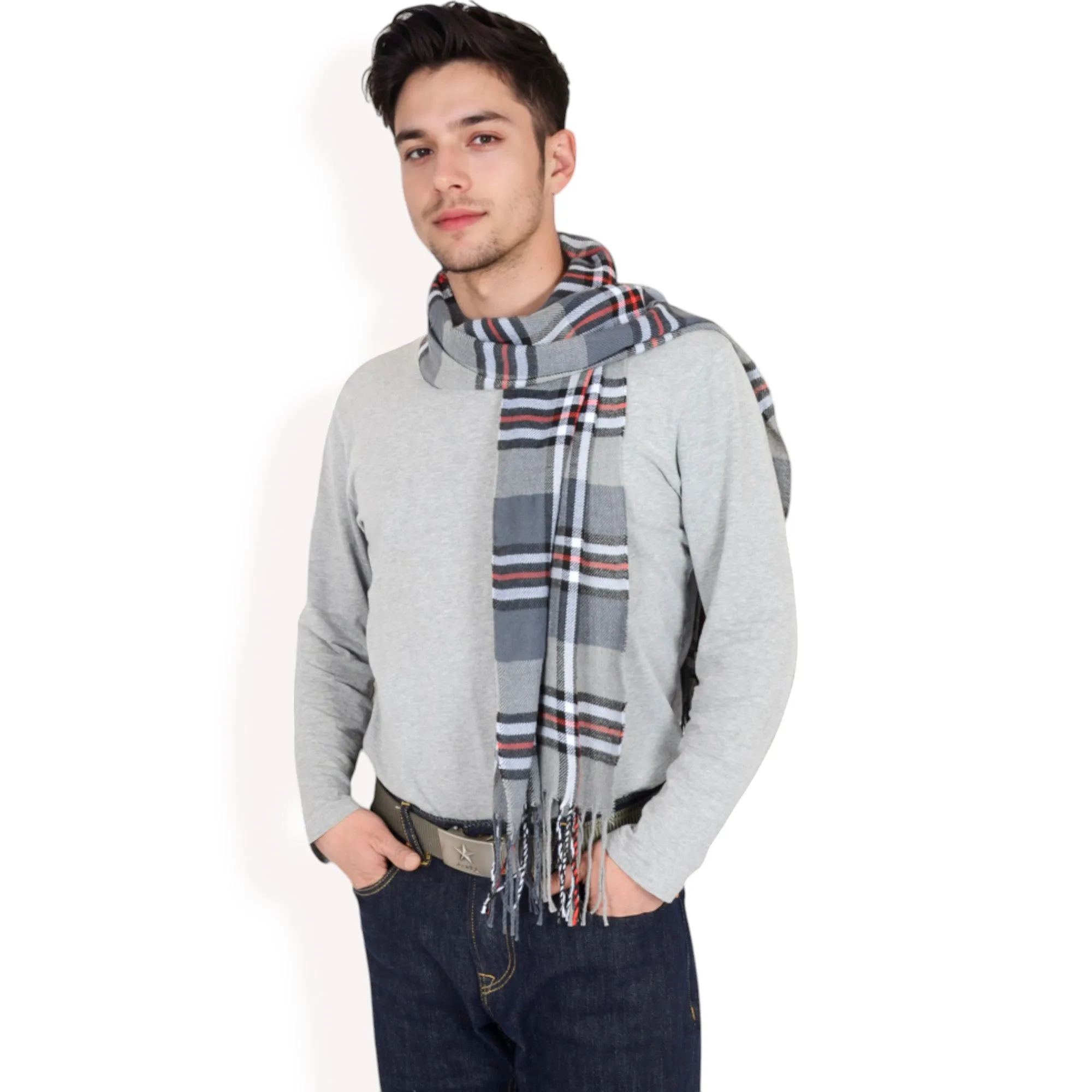 Anna-Kaci Men's Classic Plaid Patterned Scarf with Fringed Edges Soft Lightweight Winter Accessory for Timeless Style