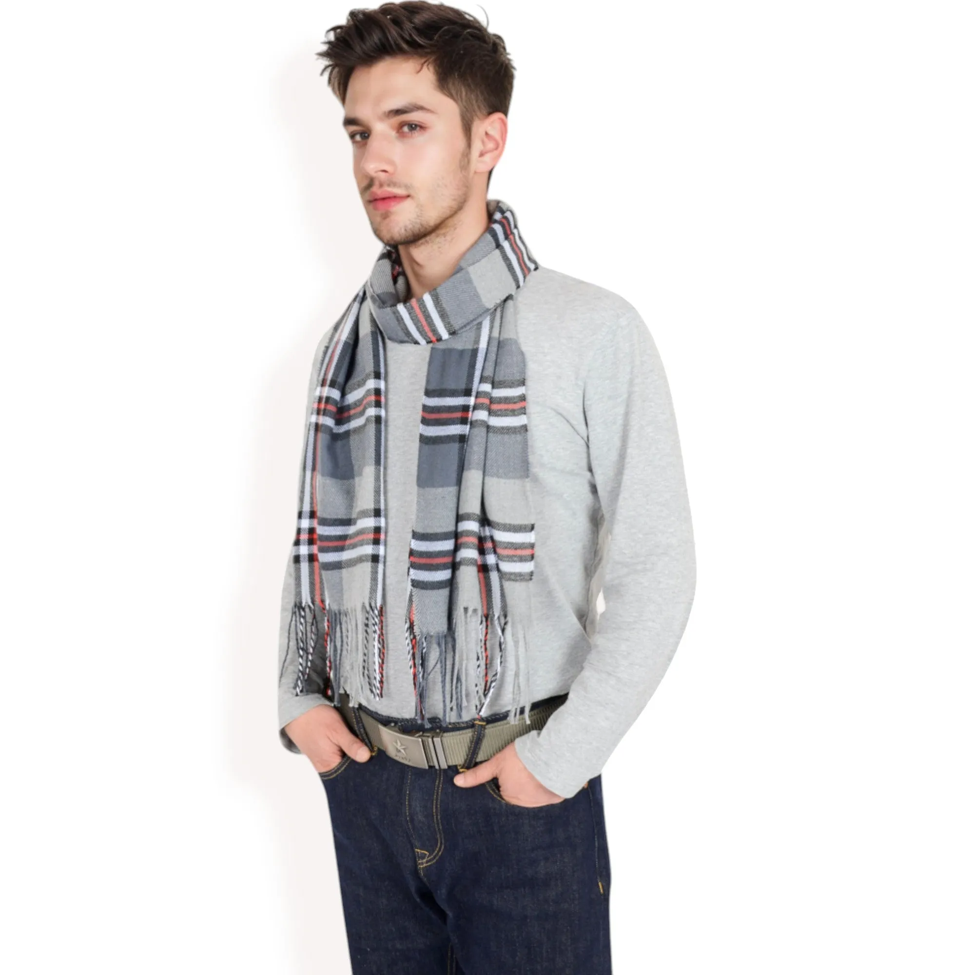 Anna-Kaci Men's Classic Plaid Patterned Scarf with Fringed Edges Soft Lightweight Winter Accessory for Timeless Style