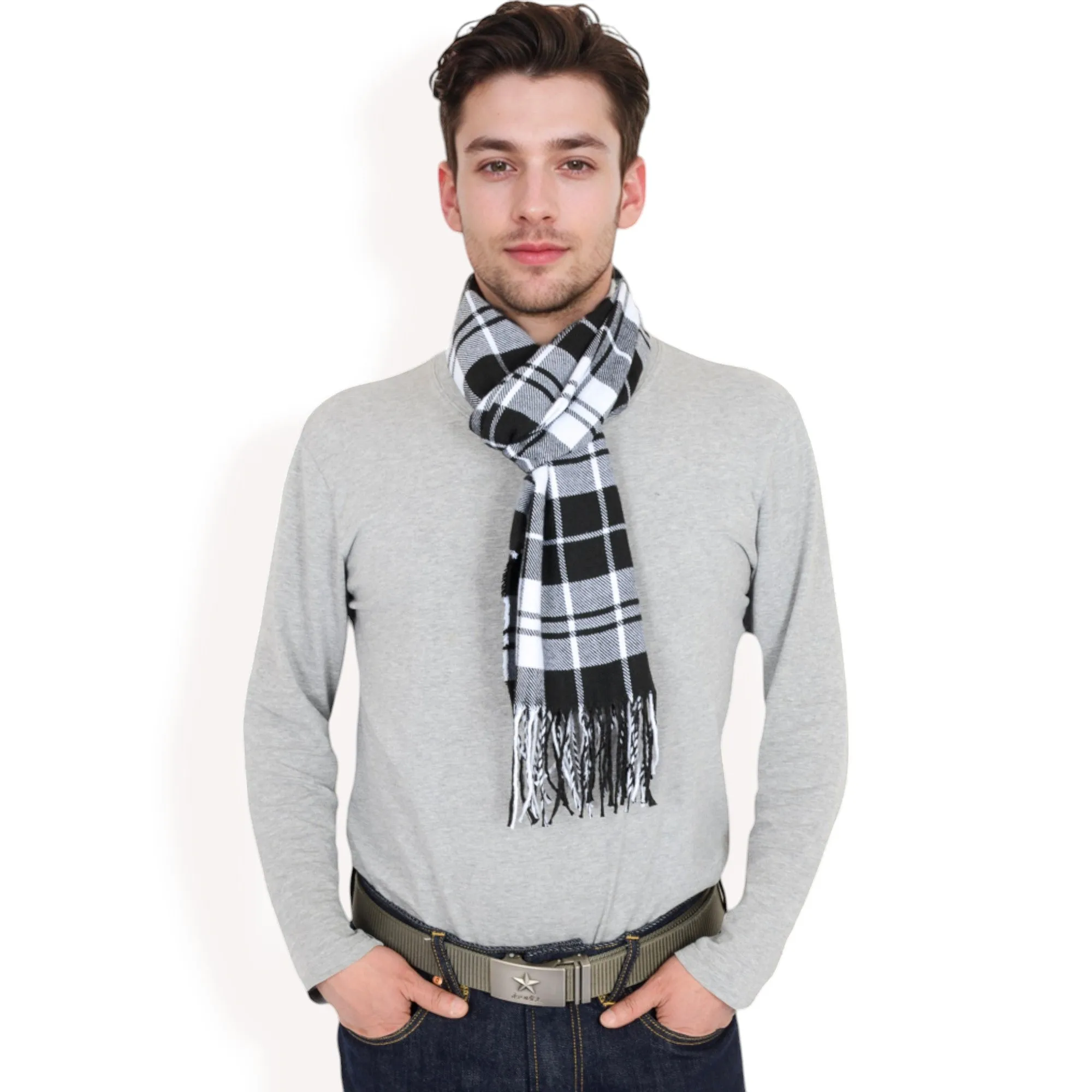 Anna-Kaci Men's Classic Plaid Patterned Scarf with Fringed Edges Soft Lightweight Winter Accessory for Timeless Style