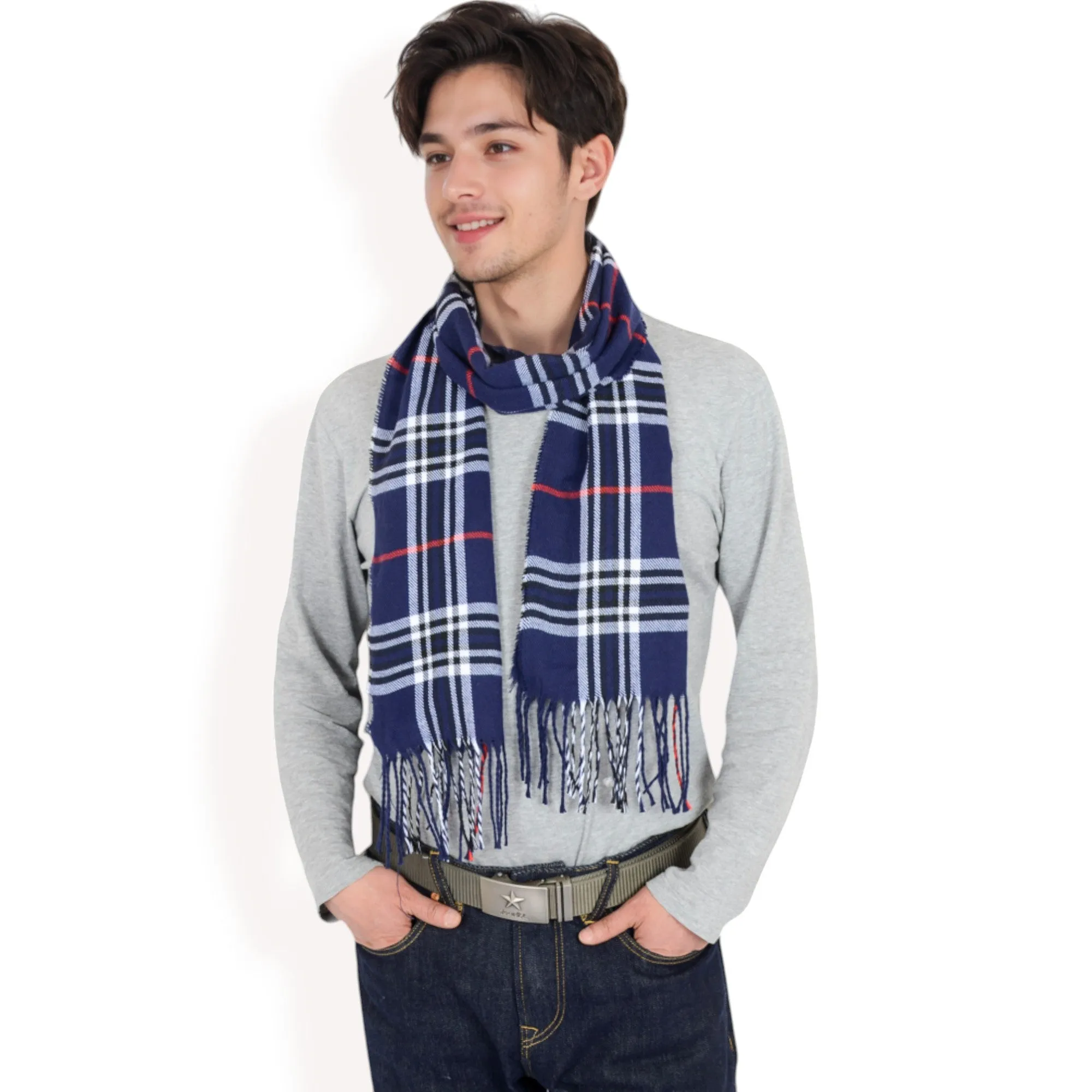 Anna-Kaci Men's Classic Plaid Patterned Scarf with Fringed Edges Soft Lightweight Winter Accessory for Timeless Style