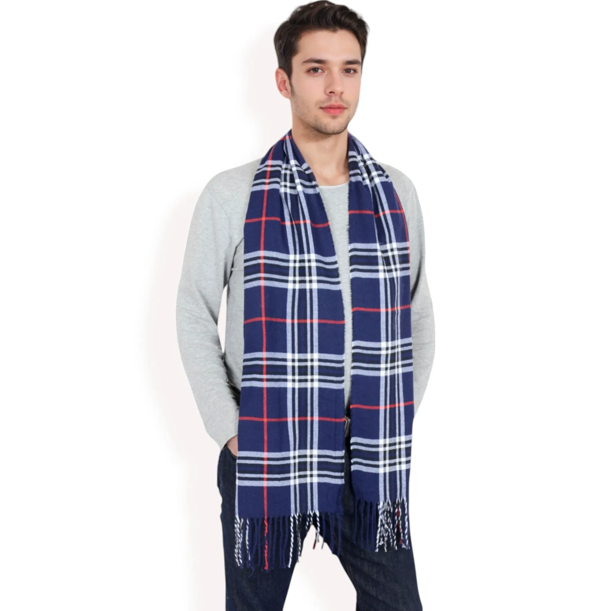 Anna-Kaci Men's Classic Plaid Patterned Scarf with Fringed Edges Soft Lightweight Winter Accessory for Timeless Style