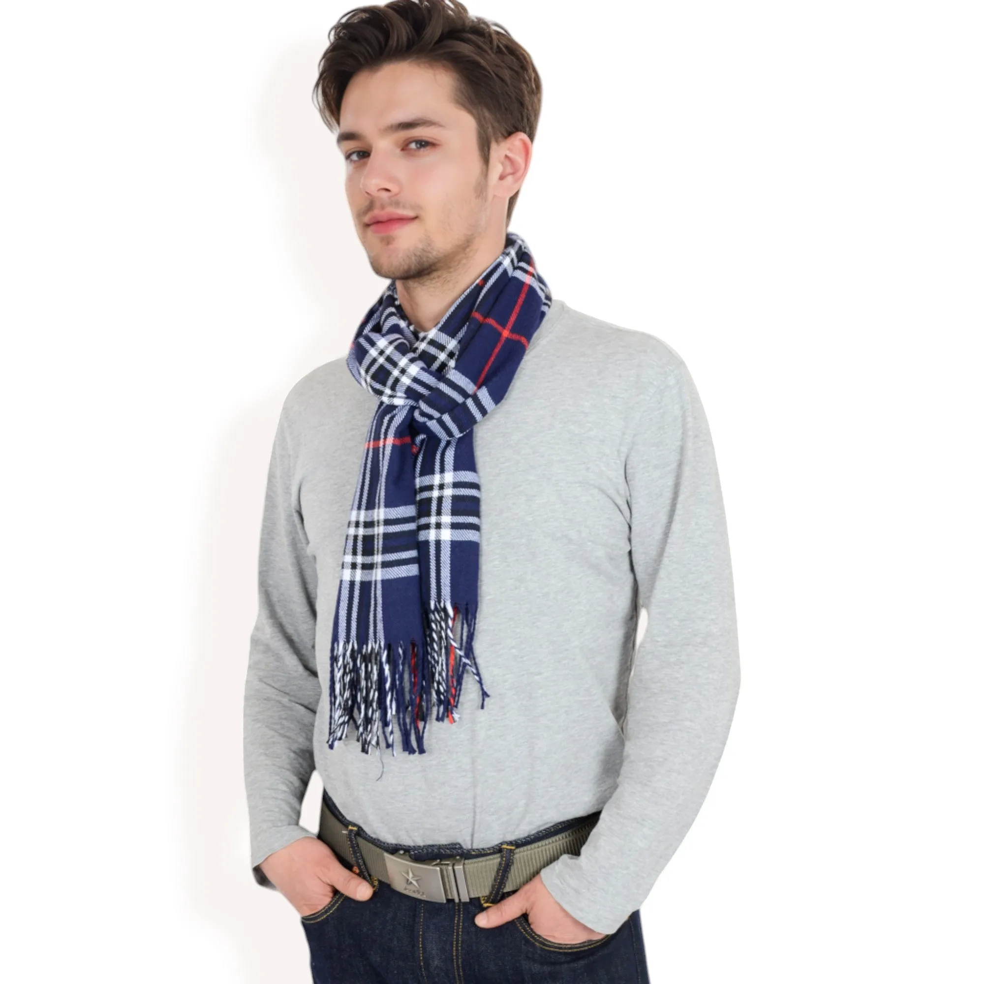 Anna-Kaci Men's Classic Plaid Patterned Scarf with Fringed Edges Soft Lightweight Winter Accessory for Timeless Style