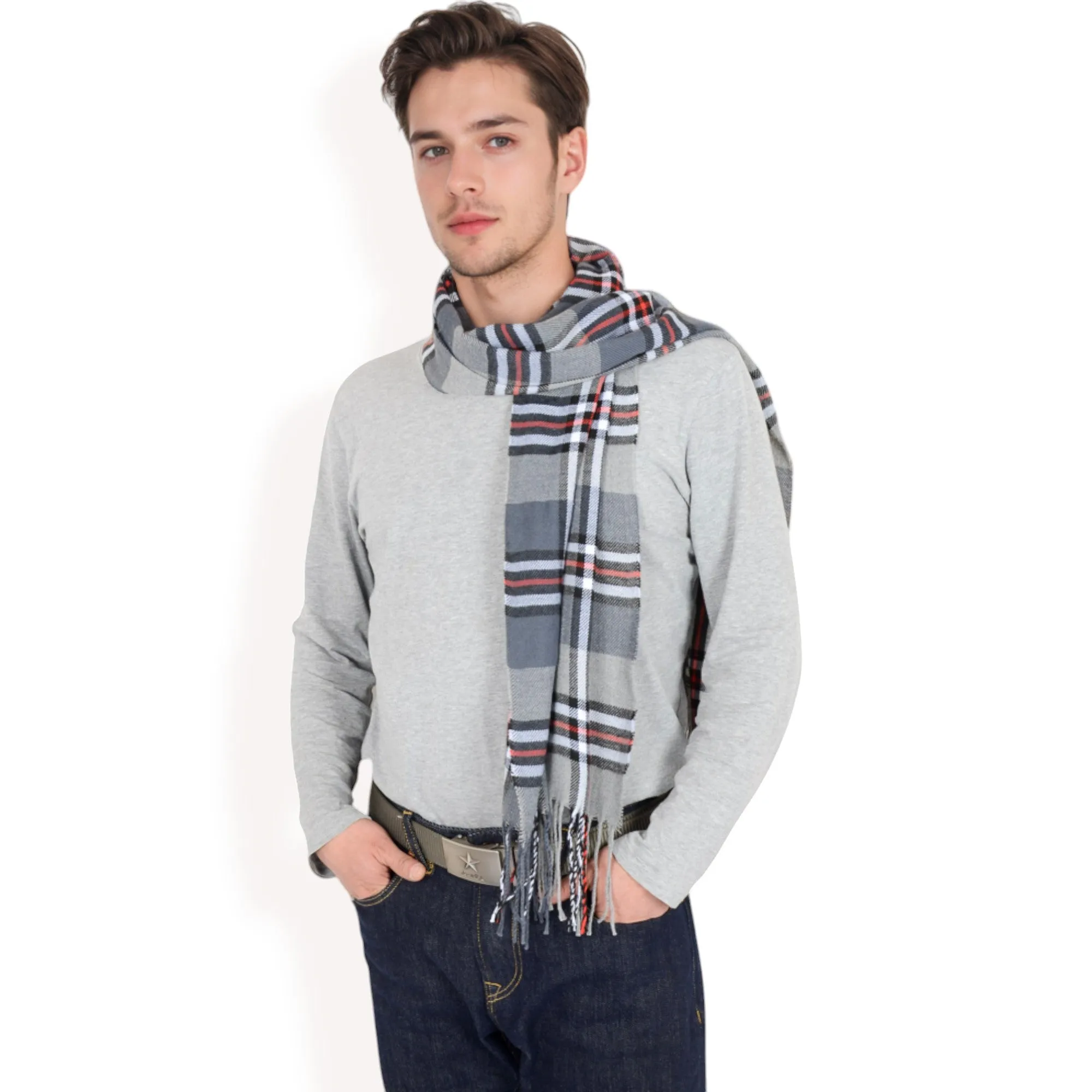 Anna-Kaci Men's Classic Plaid Patterned Scarf with Fringed Edges Soft Lightweight Winter Accessory for Timeless Style