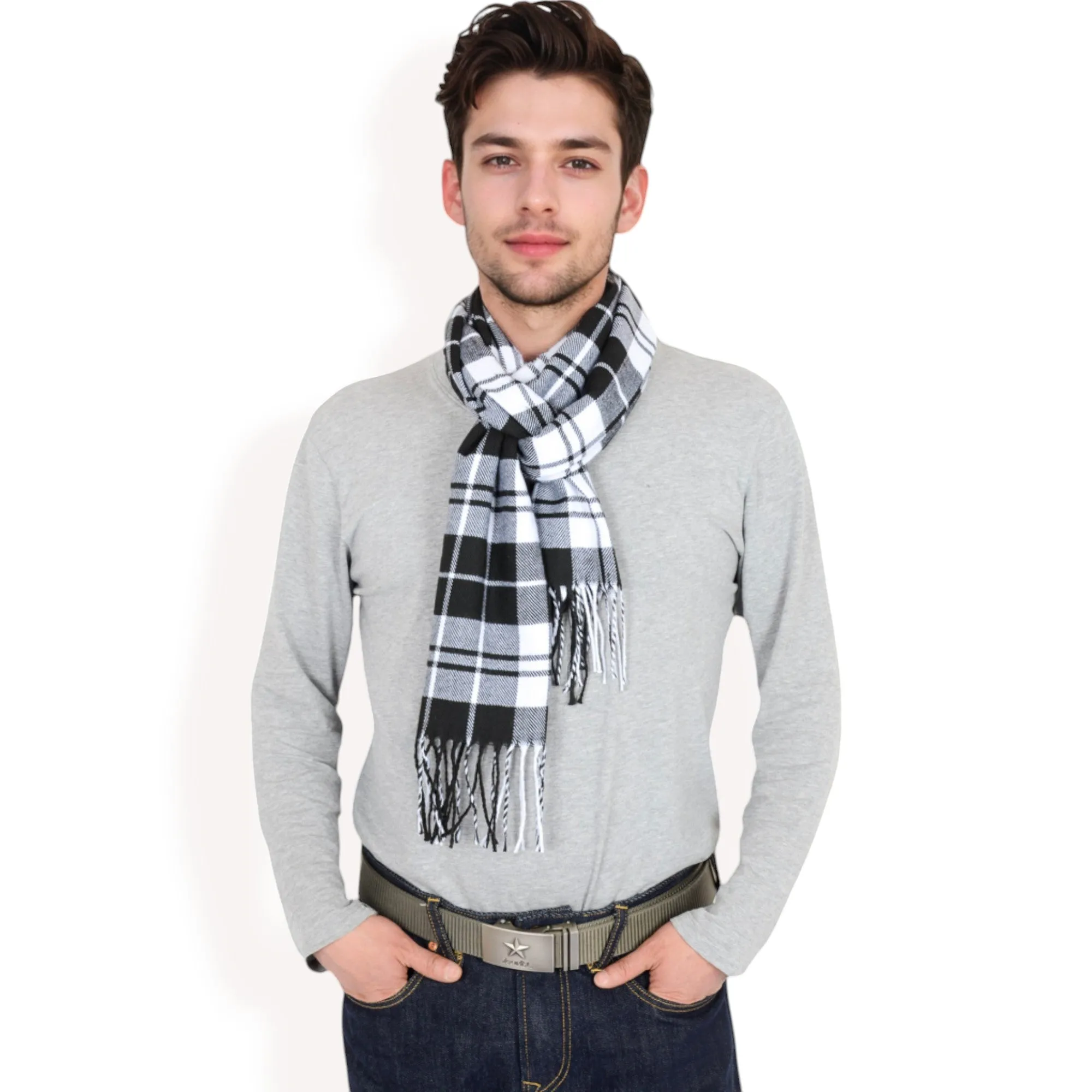 Anna-Kaci Men's Classic Plaid Patterned Scarf with Fringed Edges Soft Lightweight Winter Accessory for Timeless Style