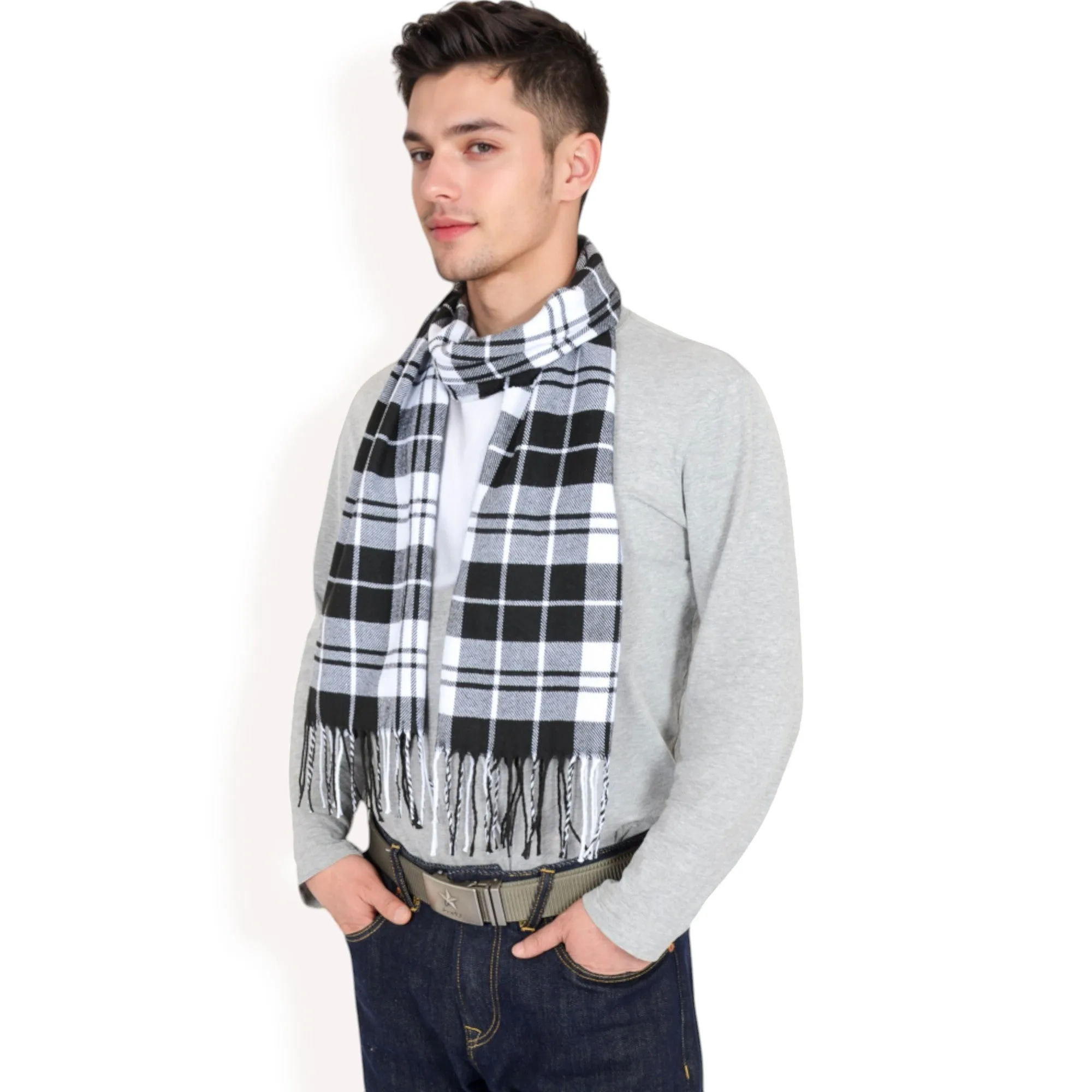 Anna-Kaci Men's Classic Plaid Patterned Scarf with Fringed Edges Soft Lightweight Winter Accessory for Timeless Style