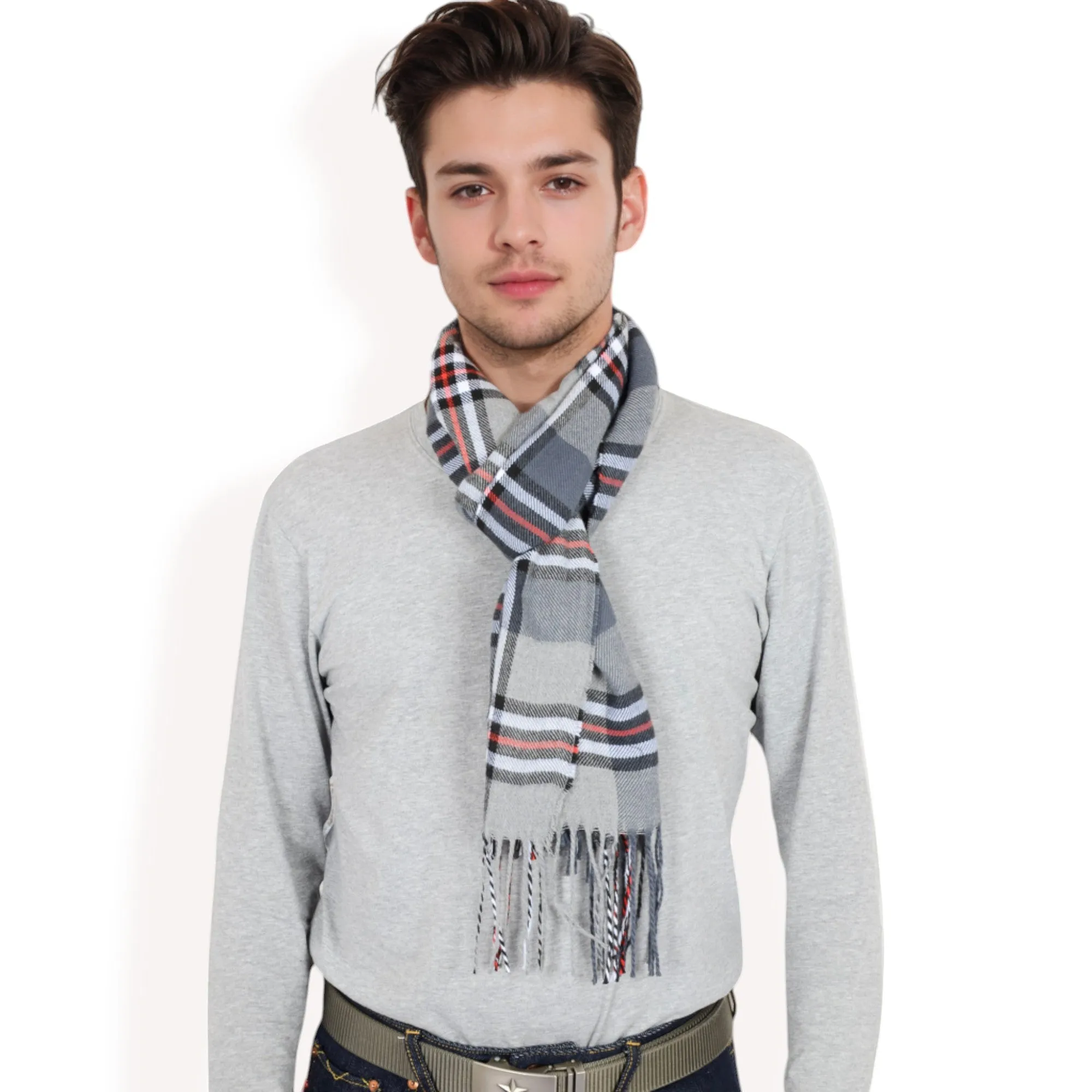 Anna-Kaci Men's Classic Plaid Patterned Scarf with Fringed Edges Soft Lightweight Winter Accessory for Timeless Style