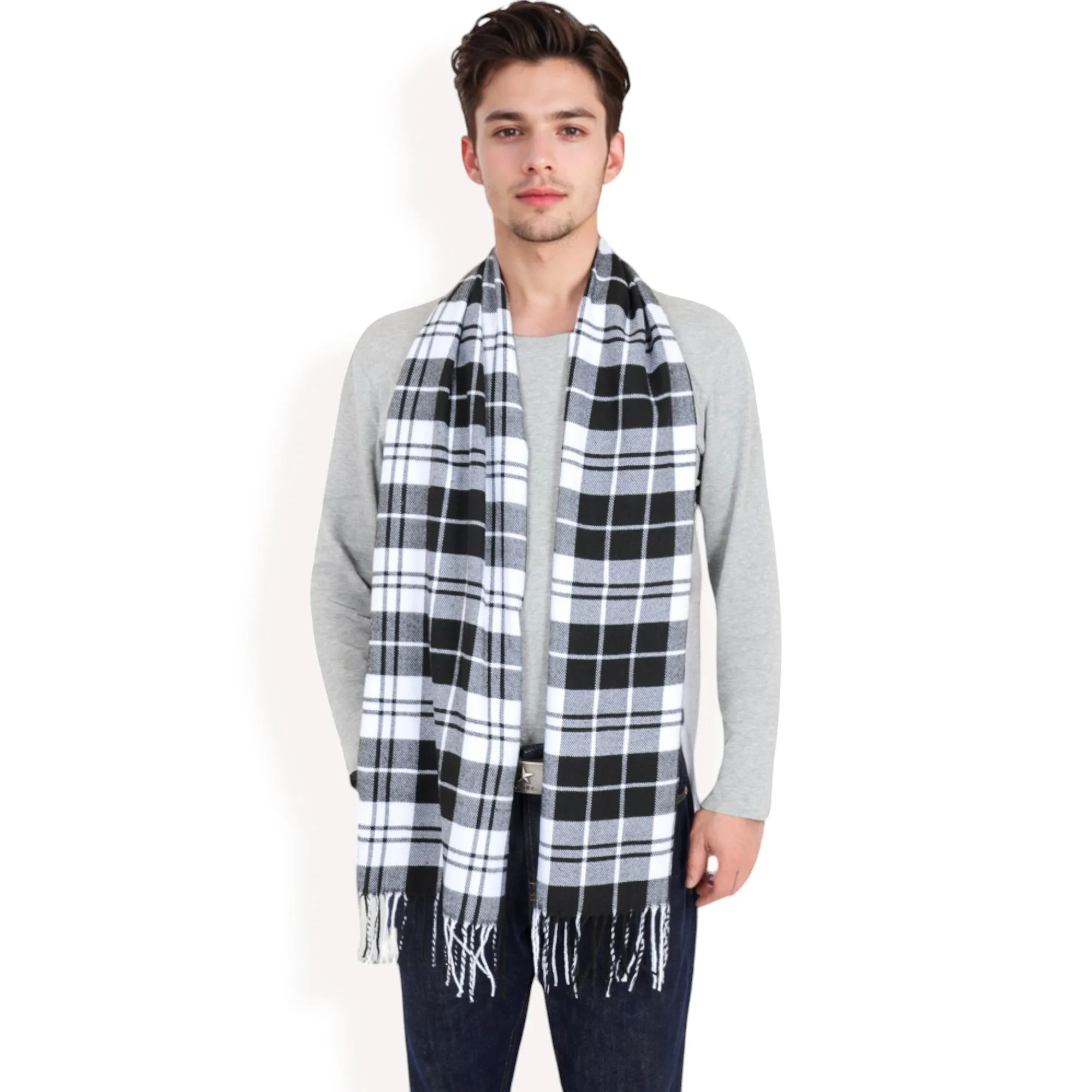 Anna-Kaci Men's Classic Plaid Patterned Scarf with Fringed Edges Soft Lightweight Winter Accessory for Timeless Style