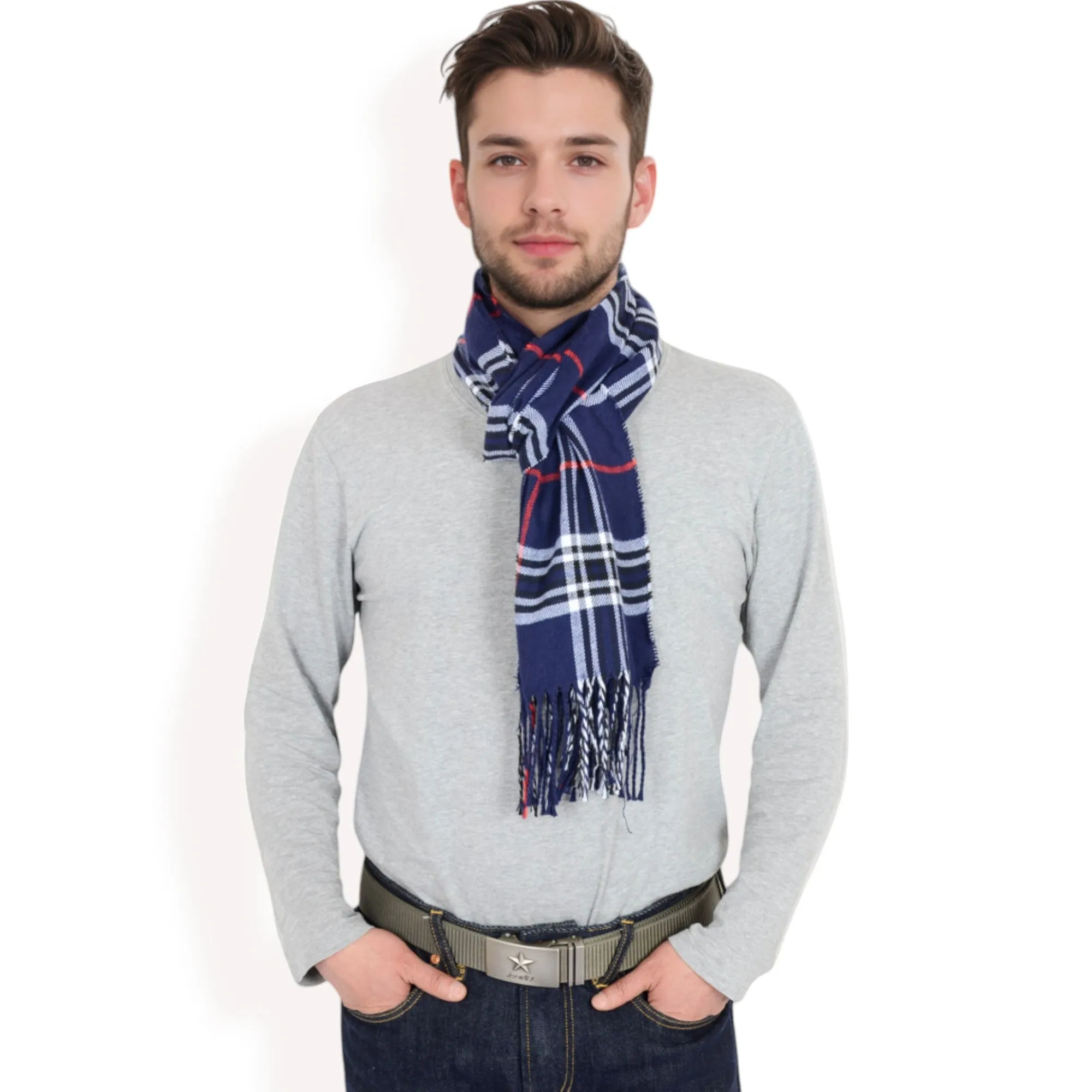 Anna-Kaci Men's Classic Plaid Patterned Scarf with Fringed Edges Soft Lightweight Winter Accessory for Timeless Style