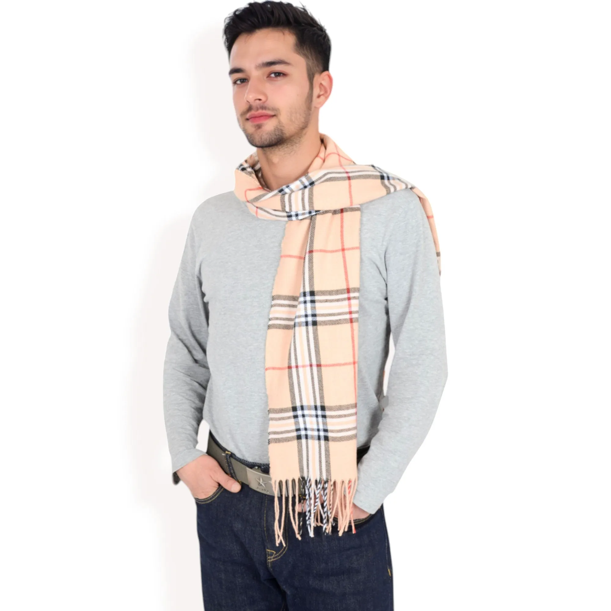 Anna-Kaci Men's Classic Plaid Patterned Scarf with Fringed Edges Soft Lightweight Winter Accessory for Timeless Style