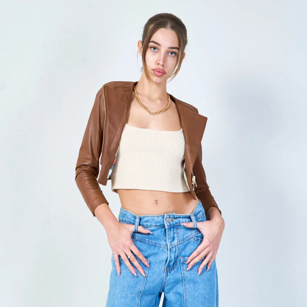 Asymmetric cropped leather jacket wholesale