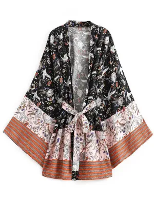 Beech Wear Floral Print Black Color Cotton Short Length Gown Robe Kimono Duster Robe