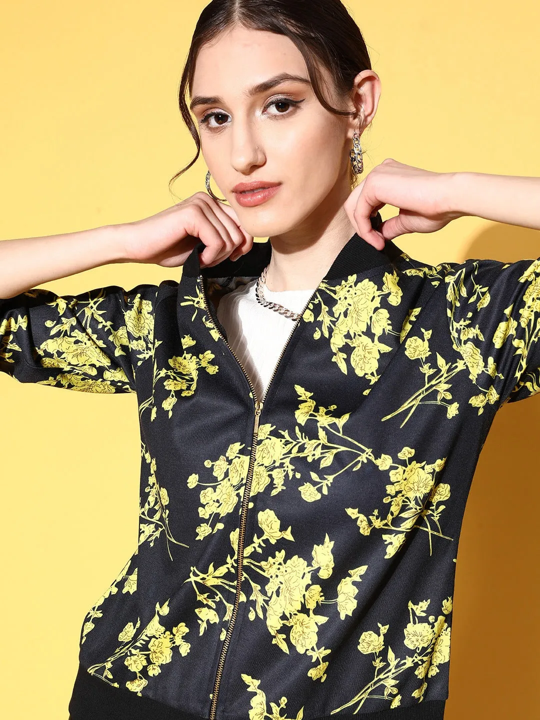 Berrylush Women Black & Yellow Floral Printed Mock Collar Neck Straight Hem Regular Bomber Jacket