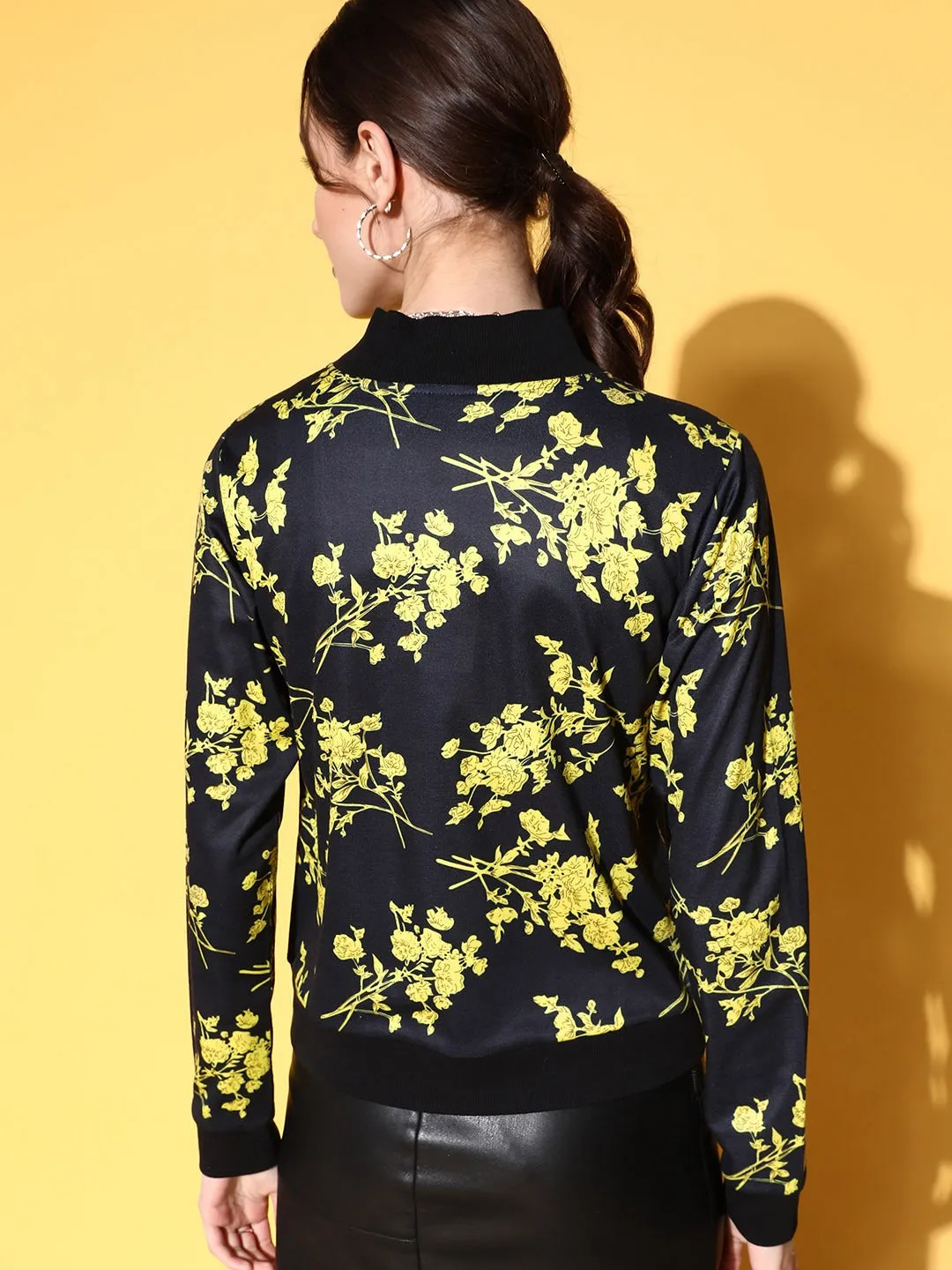 Berrylush Women Black & Yellow Floral Printed Mock Collar Neck Straight Hem Regular Bomber Jacket