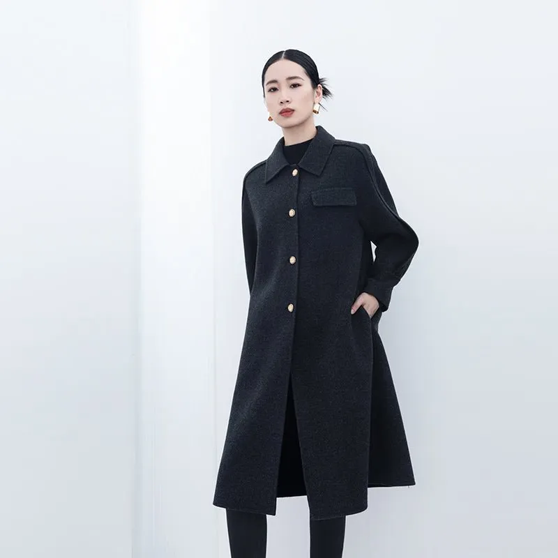 Black Long Wool Coats Metal Button