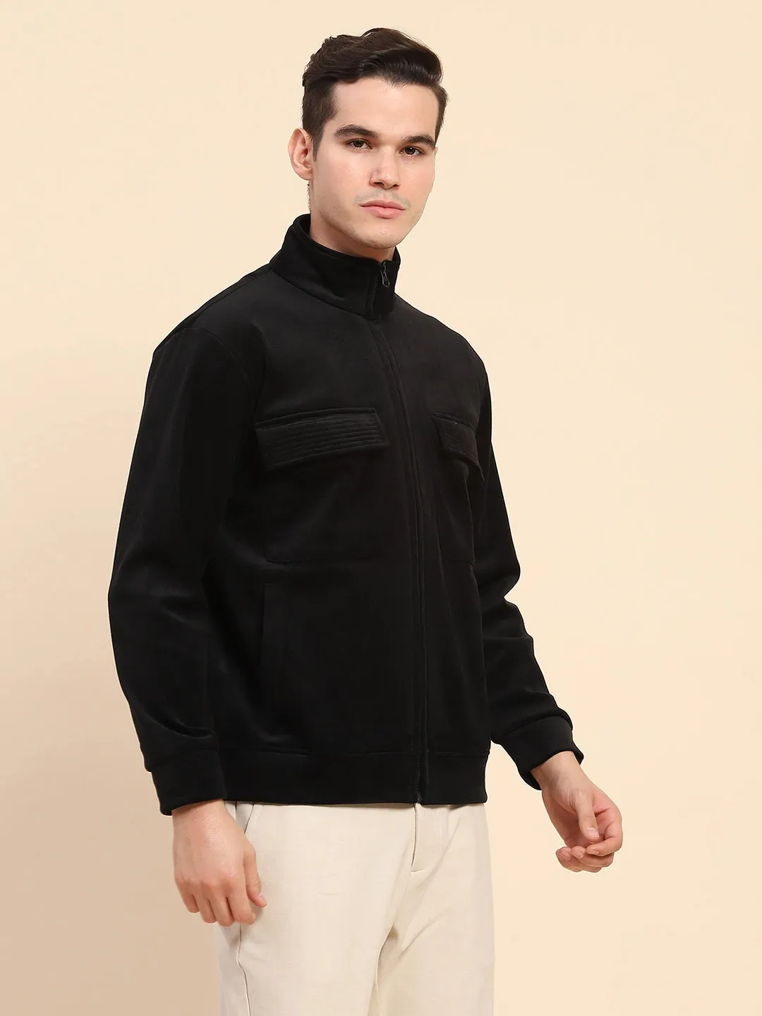 Black Poly Blend Flap Pocket Solid Jacket