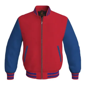 Bomber Jacket Women Red Body and Blue Leather Sleeves Bomber Jacket