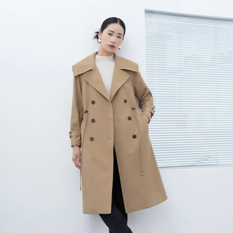 Camel Long Trench Coats Big Collar Double Breasted