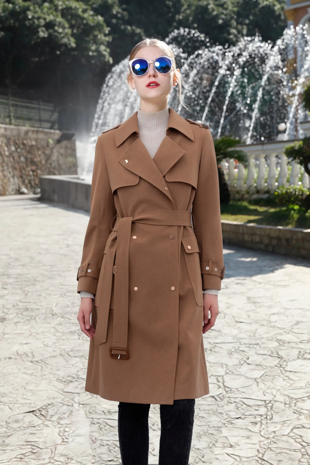 Camel Long Trench Coats With Metal Buttons