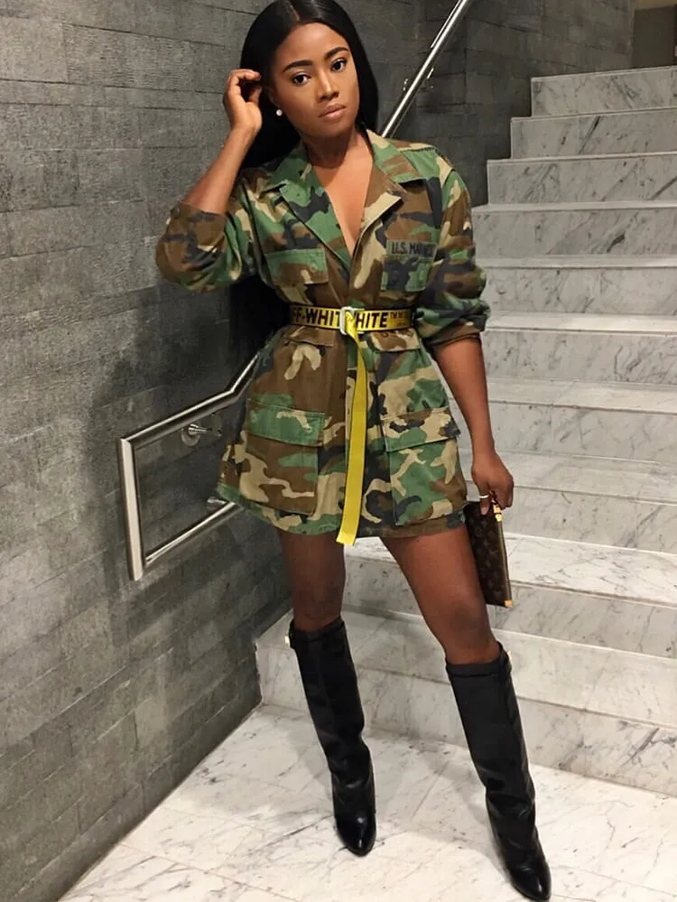 Camouflage Long Sleeve Button Bodycon Jackets