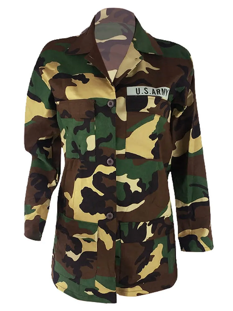 Camouflage Long Sleeve Button Bodycon Jackets