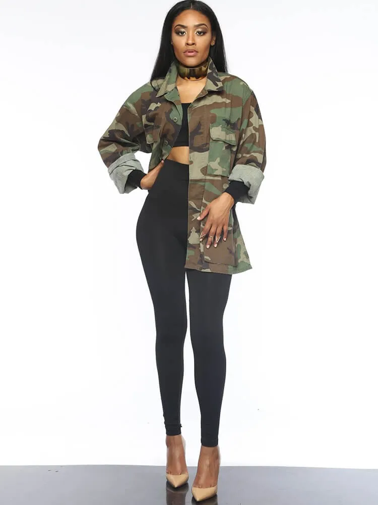 Camouflage Long Sleeve Button Bodycon Jackets