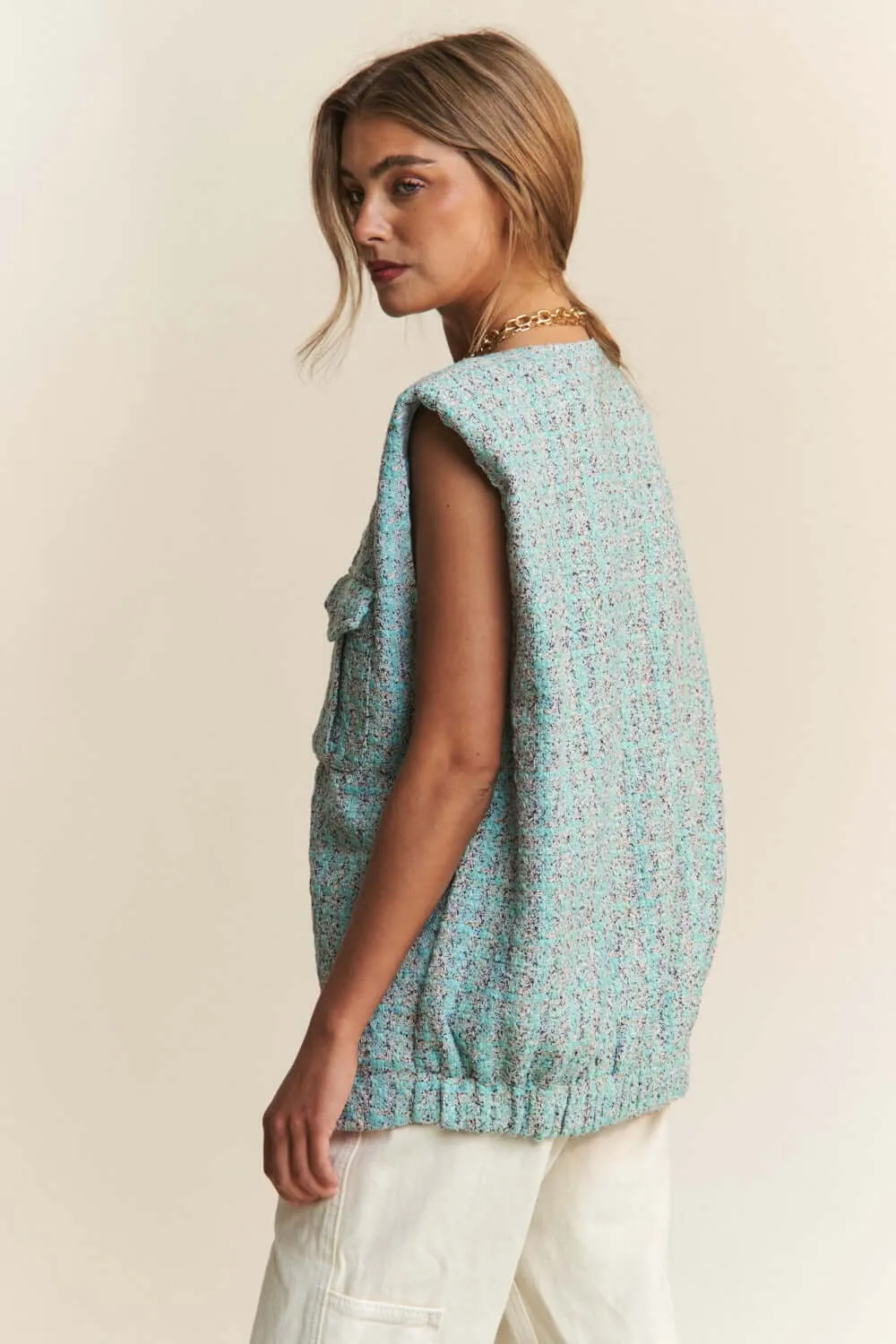 Celeste Blue Frayed Tweed Padded Shoulder Vest