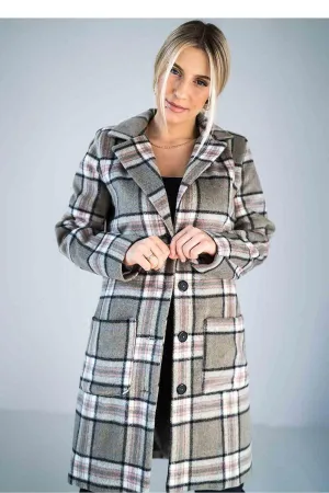 Chic Checked Knee-Length Outerwear with Stylish Collar