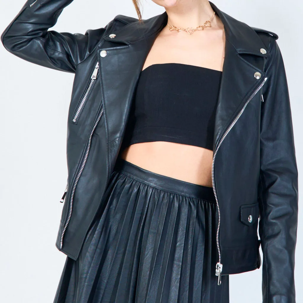 Classic leather biker jacket with silver accents wholesale