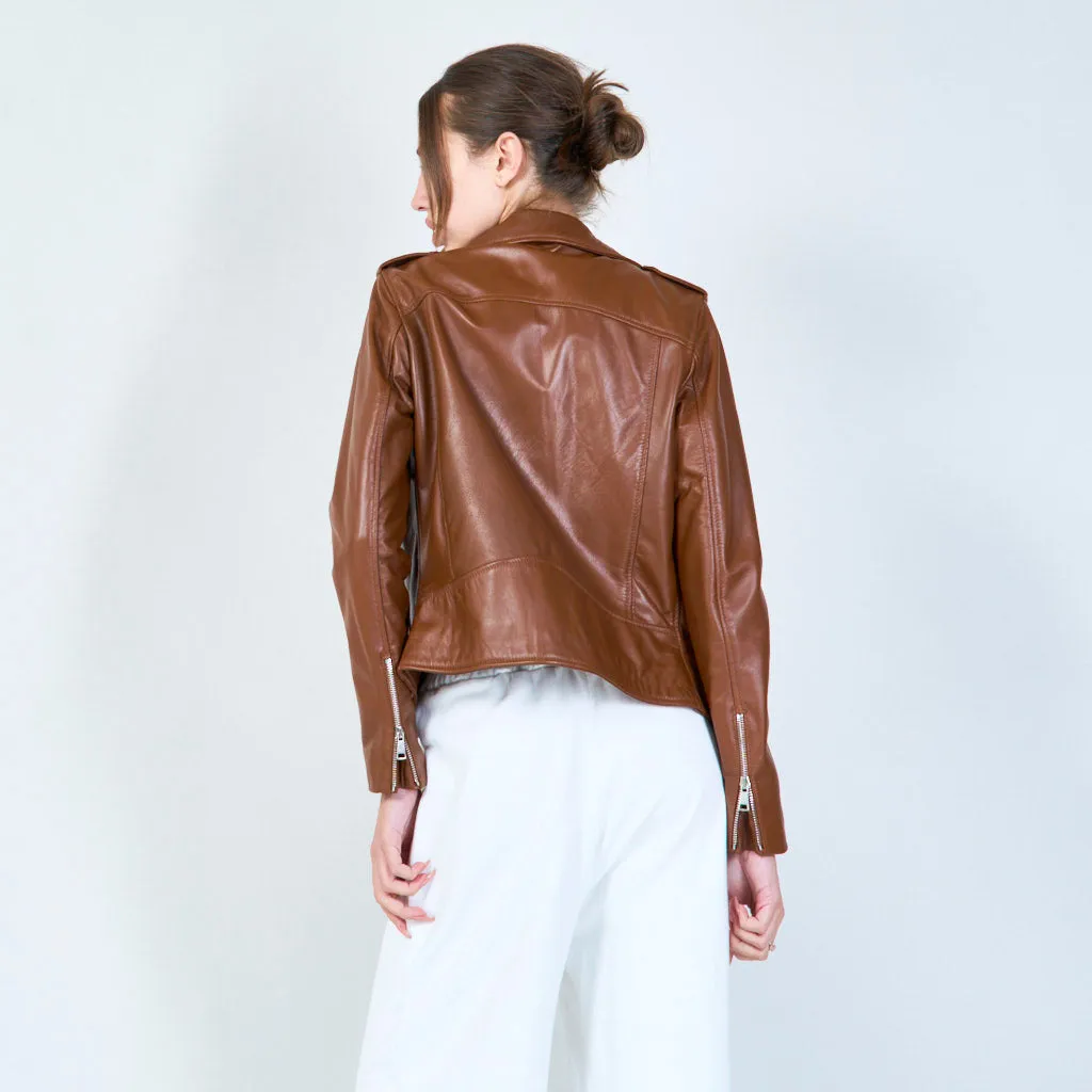 Classic moto leather jacket with zip details wholesale