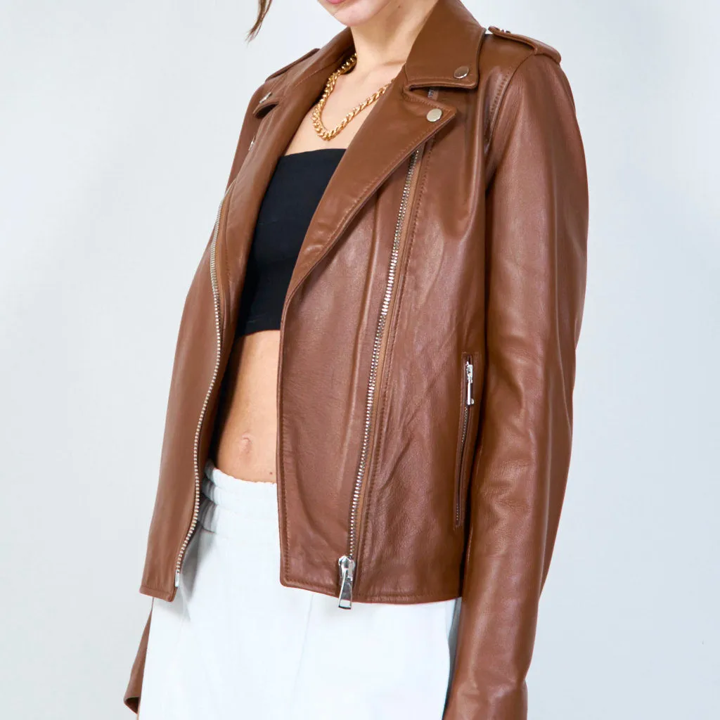 Classic moto leather jacket with zip details wholesale