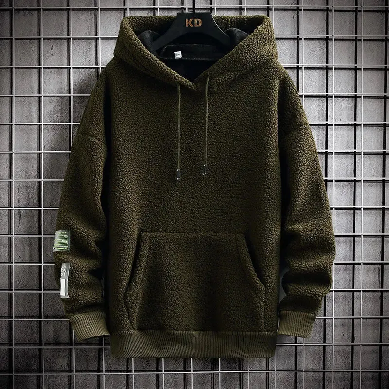 Cozy Sherpa Fleece Hoodie with Utility Patch Detail