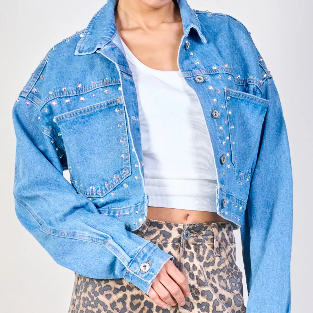 Cropped pearl-studded denim jacket wholesale