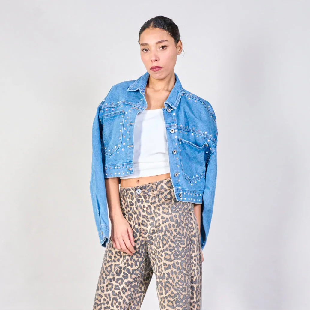 Cropped pearl-studded denim jacket wholesale