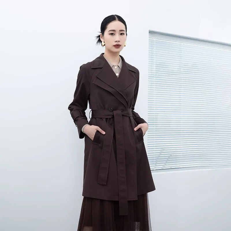 Dark Brown Belted Trench Coats Double Collar