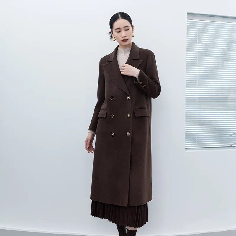 Dark Brown Wool Double Breasted Long Coat