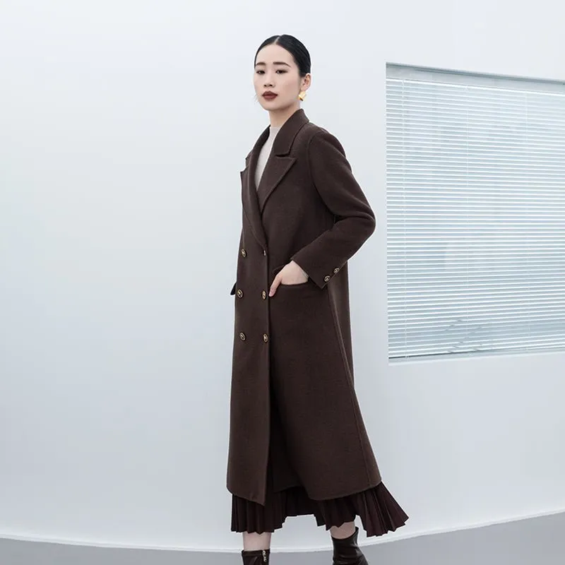 Dark Brown Wool Double Breasted Long Coat