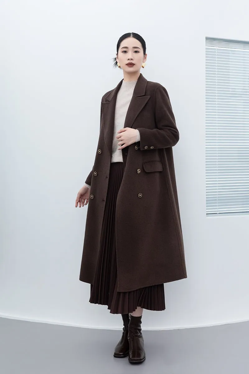 Dark Brown Wool Double Breasted Long Coat