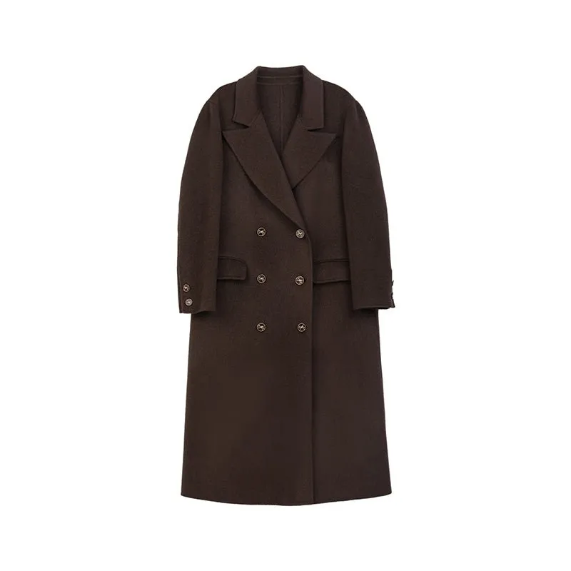 Dark Brown Wool Double Breasted Long Coat