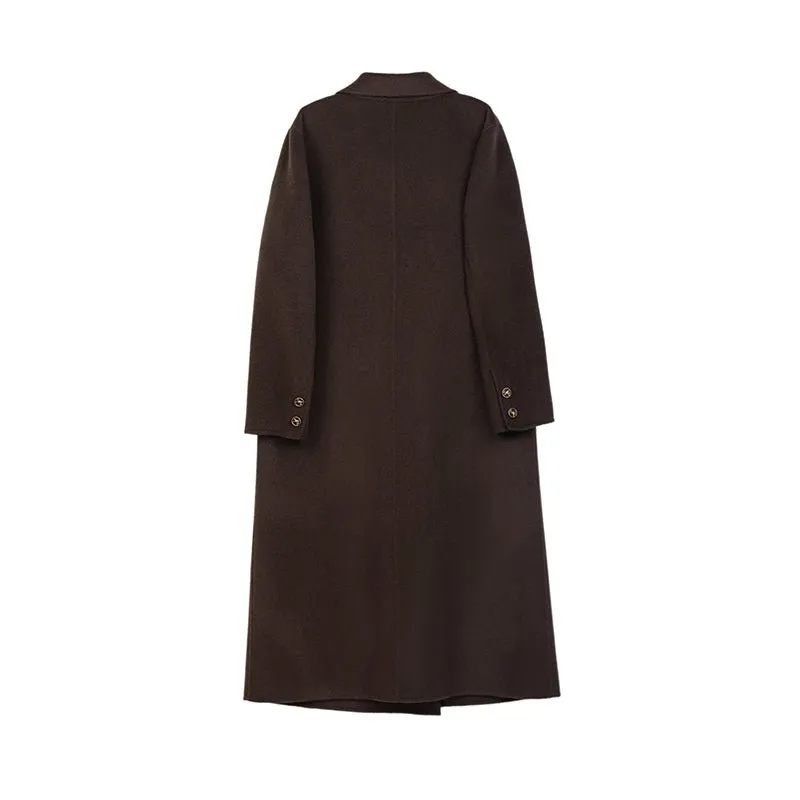 Dark Brown Wool Double Breasted Long Coat