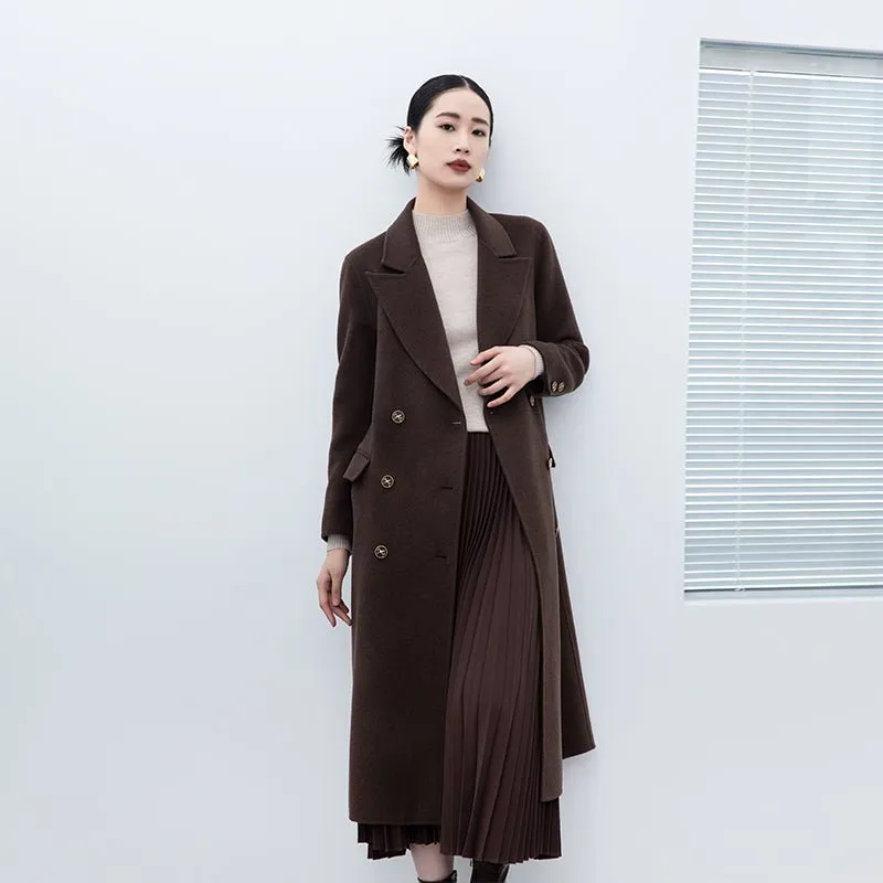 Dark Brown Wool Double Breasted Long Coat