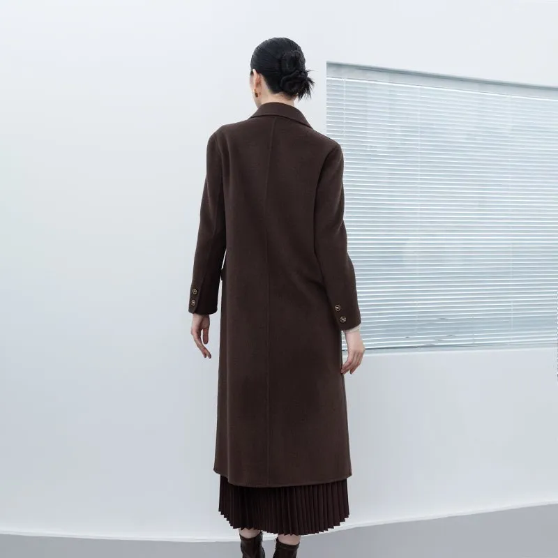 Dark Brown Wool Double Breasted Long Coat