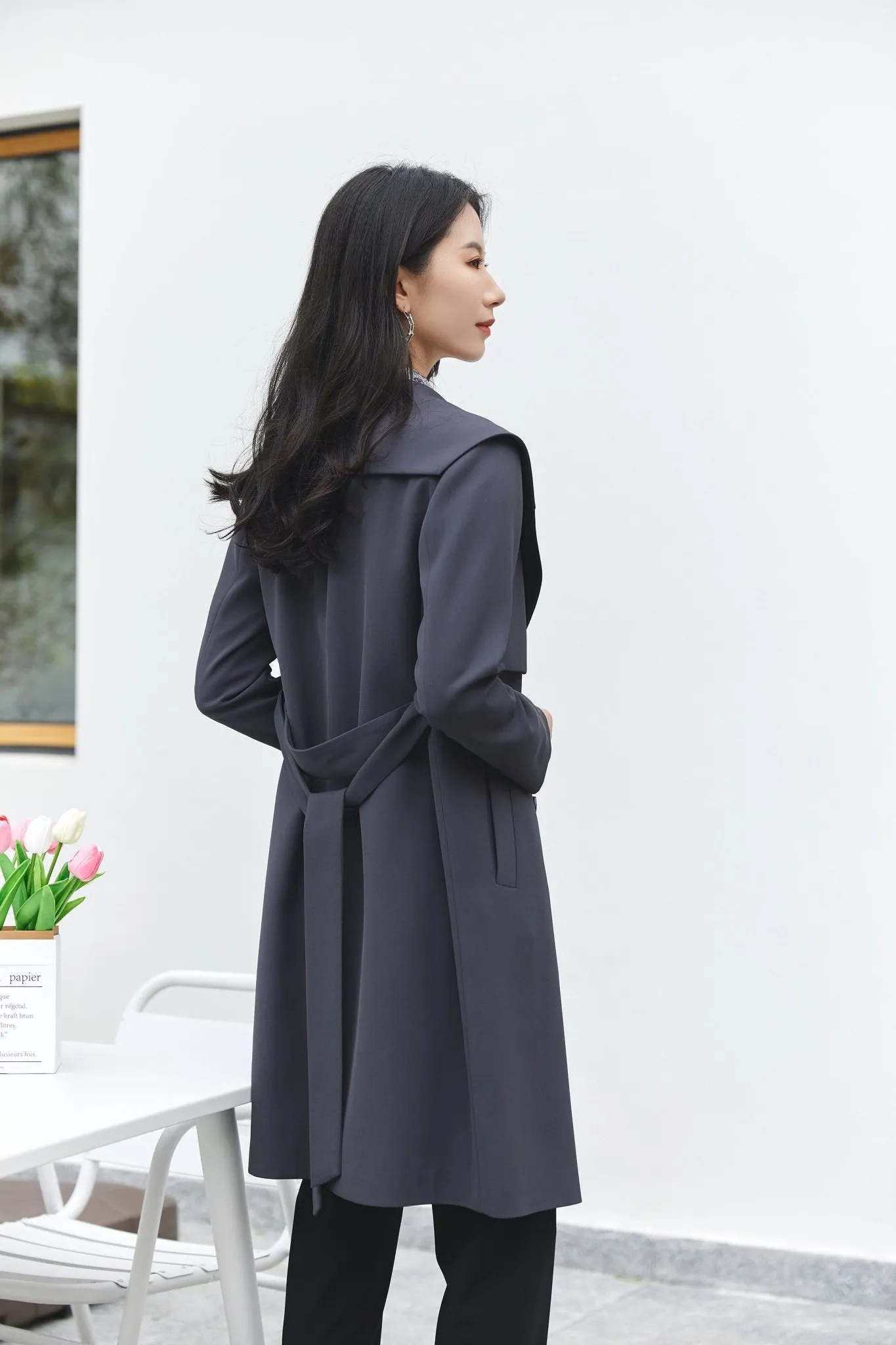 Dark Grey Belted Lapel Trench Coat