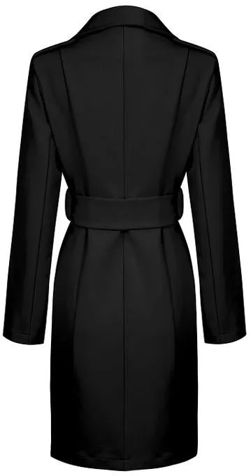 Double-Breasted Gold Button-Embellished Belted Coat, Black