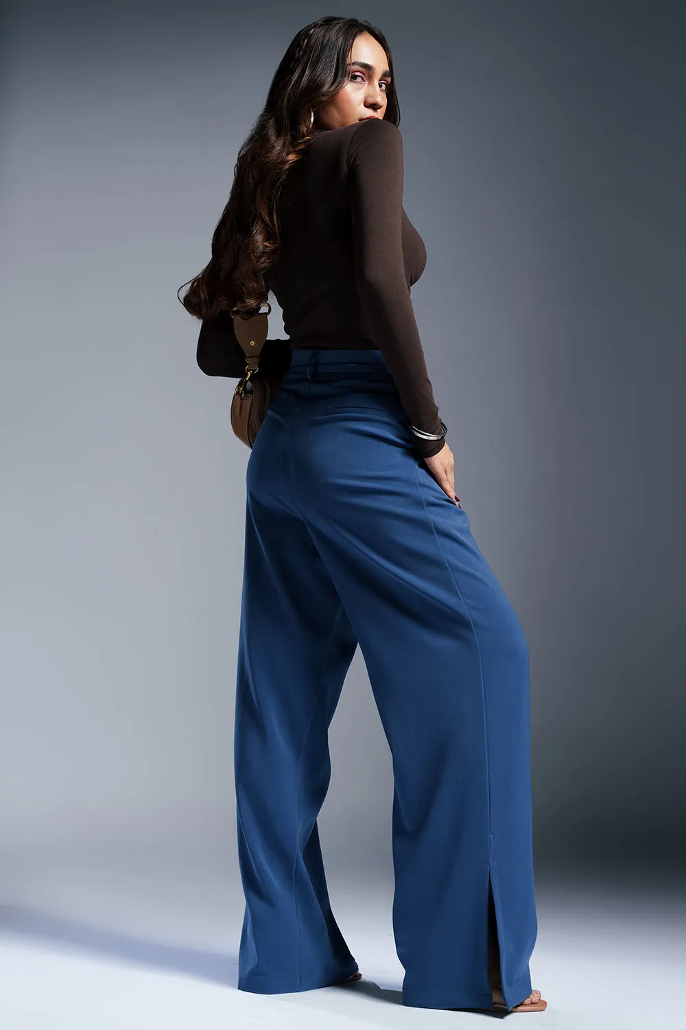 Dynamic Blue Pleated Waist Tie Korean Pants