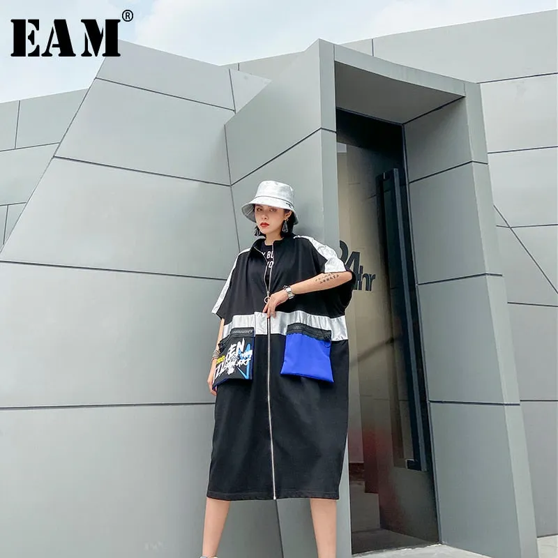 [EAM] Women Pattern Printed Big Size Long Trench New Stand Collar Half  Sleeve Loose Fit Windbreaker Fashion Spring 2020 1U067