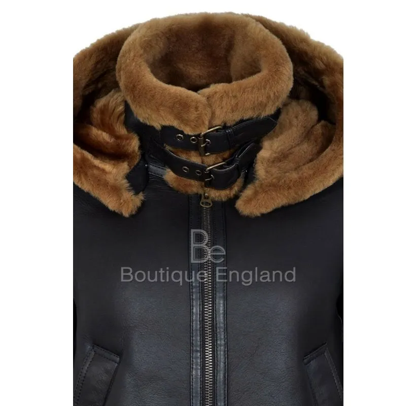 ERIN Women's Sheepskin Hooded Jacket Detachable Hoodie Shearling Jacket