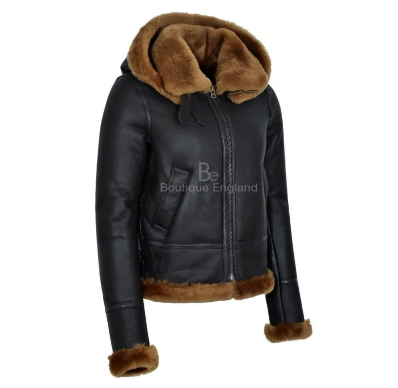 ERIN Women's Sheepskin Hooded Jacket Detachable Hoodie Shearling Jacket