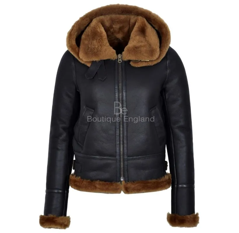 ERIN Women's Sheepskin Hooded Jacket Detachable Hoodie Shearling Jacket